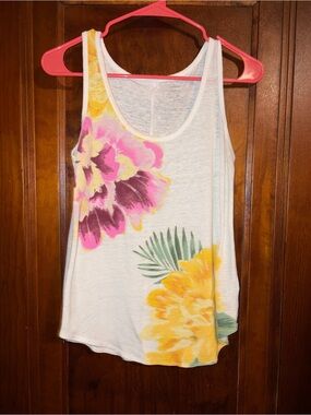 Old Navy White Floral Scoop Neck Tank with Pink & Yellow Blooms